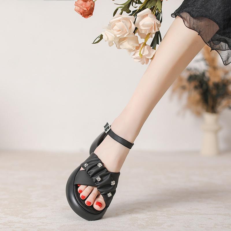 Sandals women's summer new fashion rhinestone small retro beach platform non-slip high heels