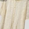 INCERUN Men Lapel Short Sleeve Lace Crochet Mesh Sheer Casual Loose Shirts Tops