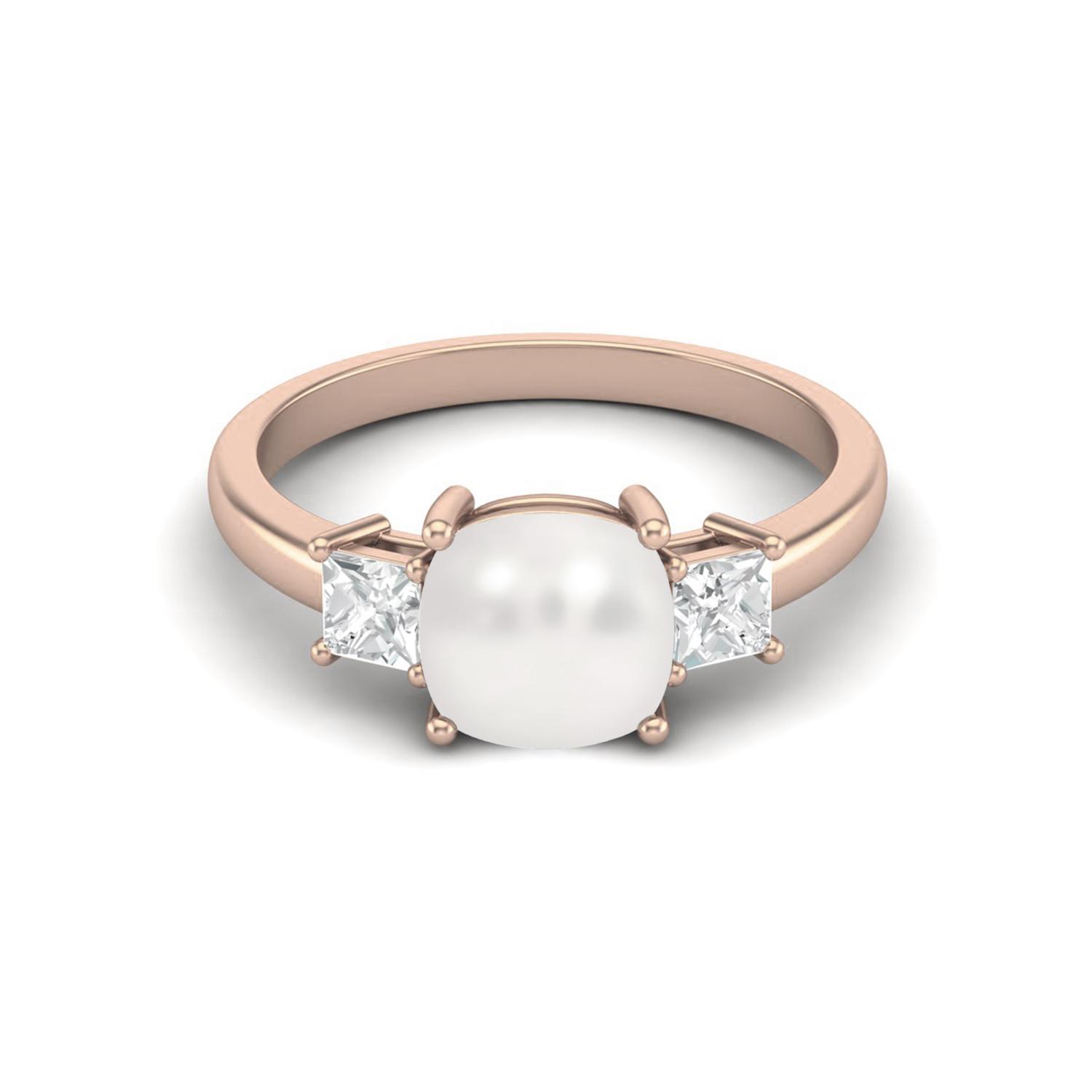 

925 Sterling Silver Rose Vermeil 7 MM Cushion Shape Pearl Three Stone Engagement Women Ring 5 ярко-розовый