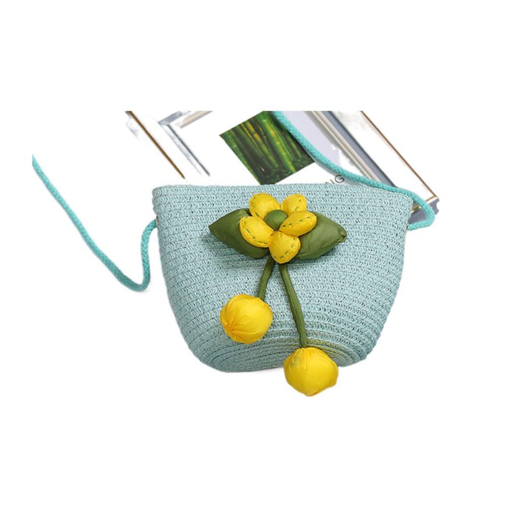 Girl Handmade Woven Straw Bag Summer Coin Purse Flower Storage Basket Zipper Photo Props Crossbody Handbag