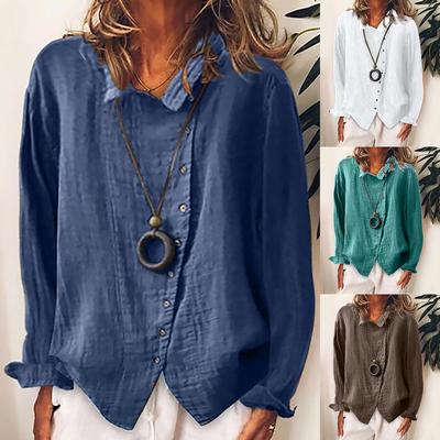 Fashion Women Cotton Linen Casual Solid Buttons Long Sleeves T-Shirt Blouse Tops