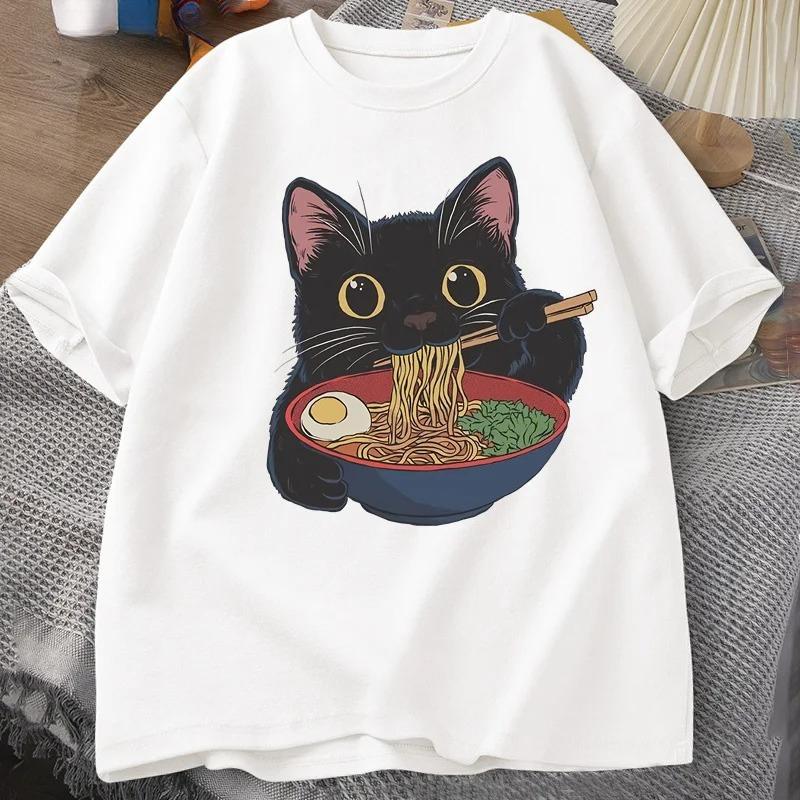 Japanese Ramen Cat T-Shirt Cute Cartoon Short-Sleeve Top Exclusively for Cat Lovers Wear Graphic T Shirts