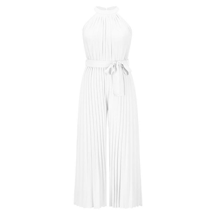 Women Summer Halter Sleeveless Lace Up Slim Wide Jumpsuit Pleated One Piece Trousers