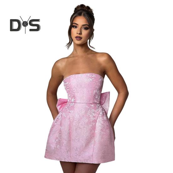 

Женское вечернее платье с большим бантом и декором-бандо с открытыми плечами и цветочной текстурой, без рукавов, на шнуровке, с открытой спиной, для выпускного вечера, коктейльное бальное платье, летнее мини-платье S розовый