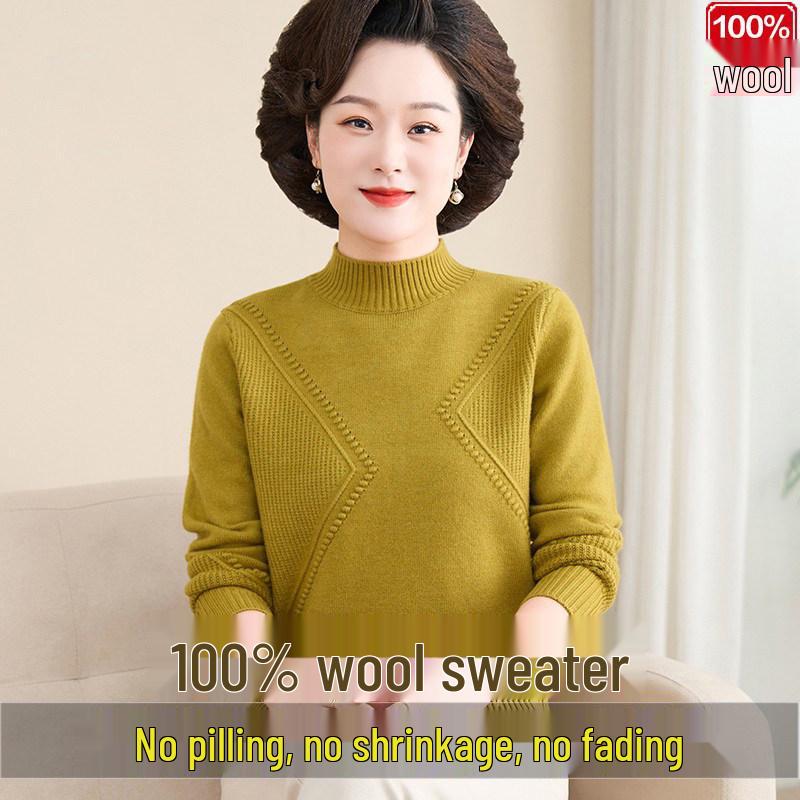 Luomeng 100% Pure Wool Thick Half-Collar Knit Sweater for Middle-Aged & Elderly Women