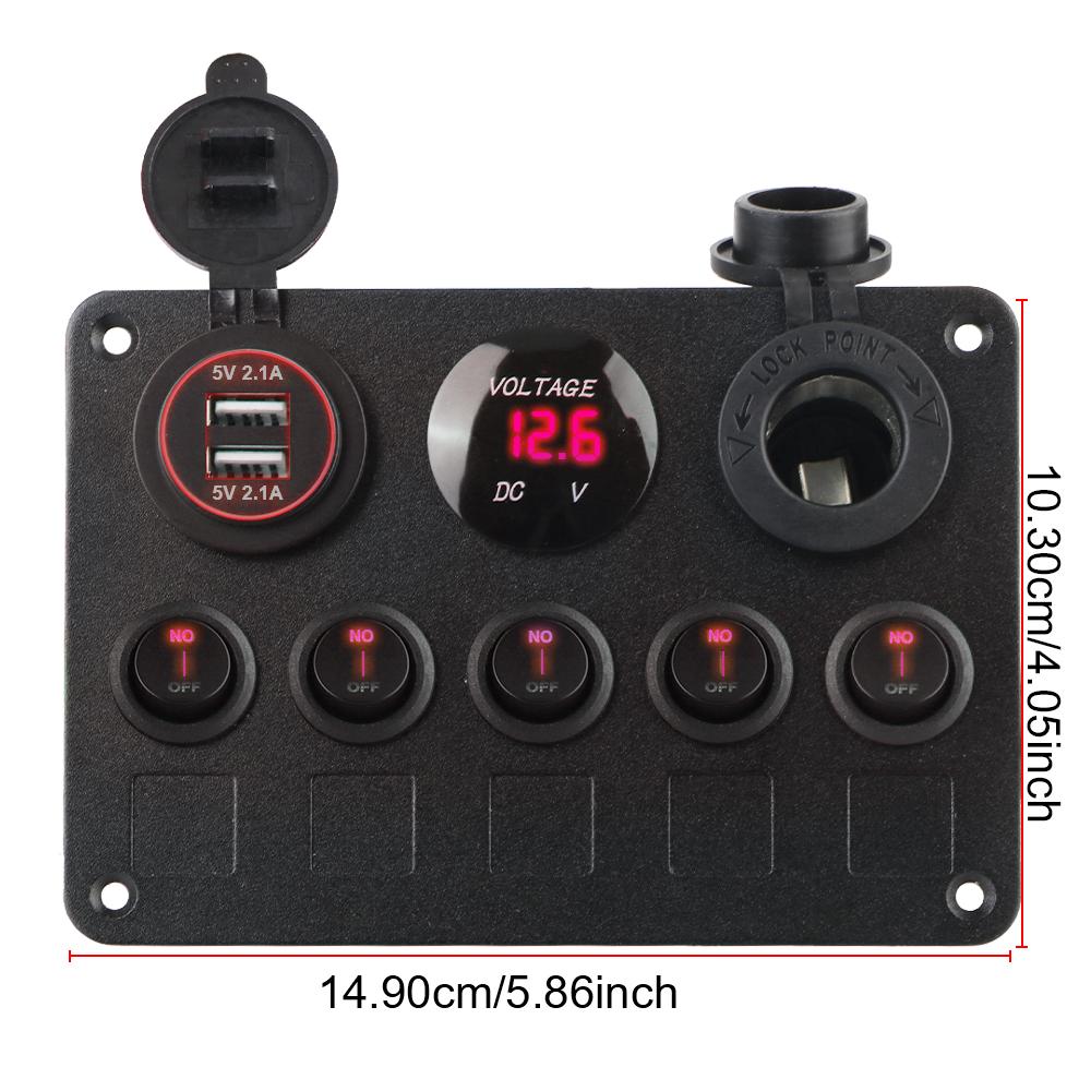 5 Gang Car Switch Panel Car Accessories Marine LED Rocker 12V Outlet Combination Boat Switch Panel Dual USB Port Waterproof Digital Voltmeter