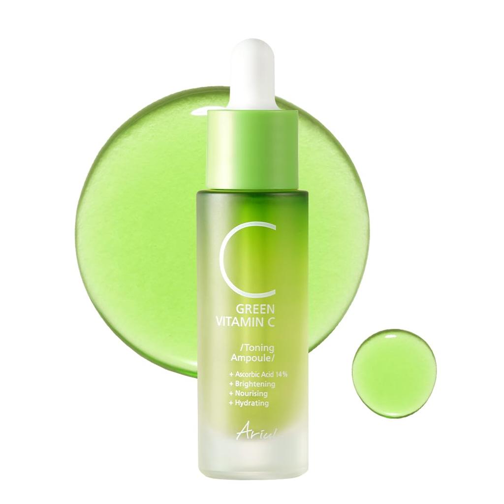 Ariul Green Vitamin C14 Toning Highly Concentrated Raw Vitamin Pure Vitamin Ferulic Minimizes Discoloration and Enhances Korean Skincare Serum, 15mL,