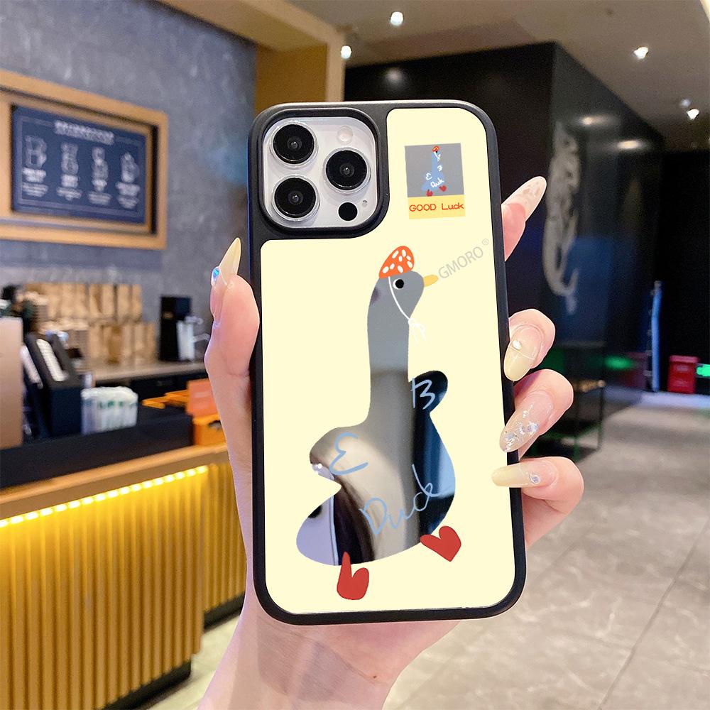 Creative Tilted Head Good Luck Duck Mirror Mobile Phone Case iPhone17 with Mirror Anti-drop Protective Case Apple 13 Anti-drop Case