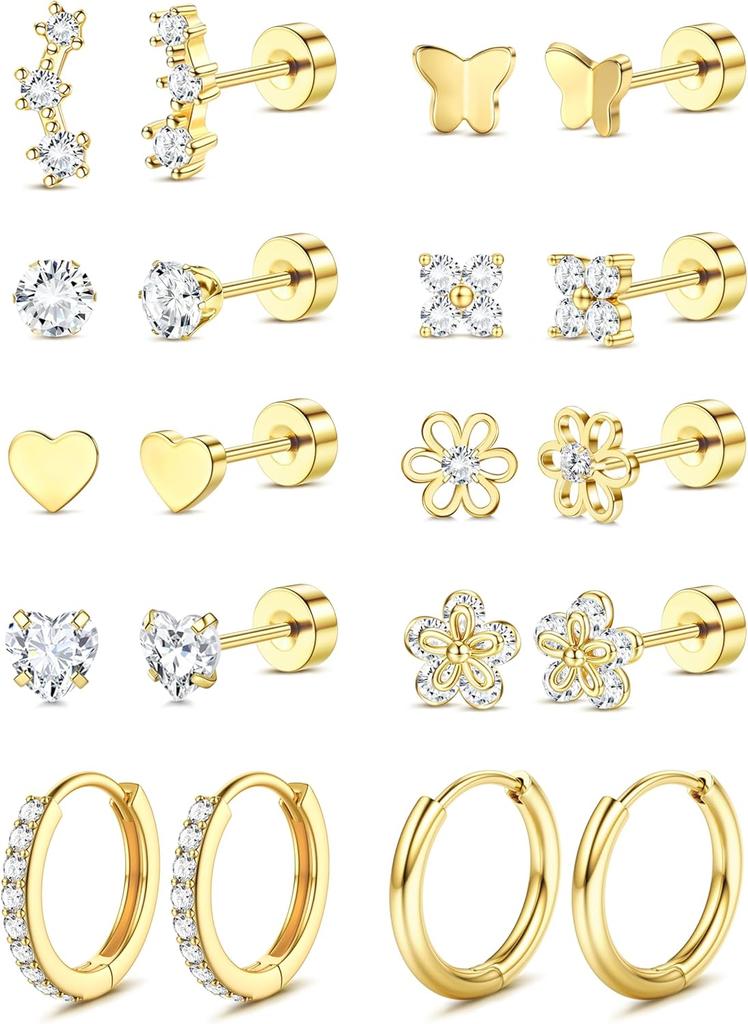 Bobisty Surgical Steel Flat Back Earrings for Women 14K Gold Plated Heart Flower Stud Earring Set Hoop Cartilage Earring Stack
