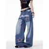 New letter and star embroidered gradient wide-leg jeans for women, loose, casual, versatile, textured, floor-length pants