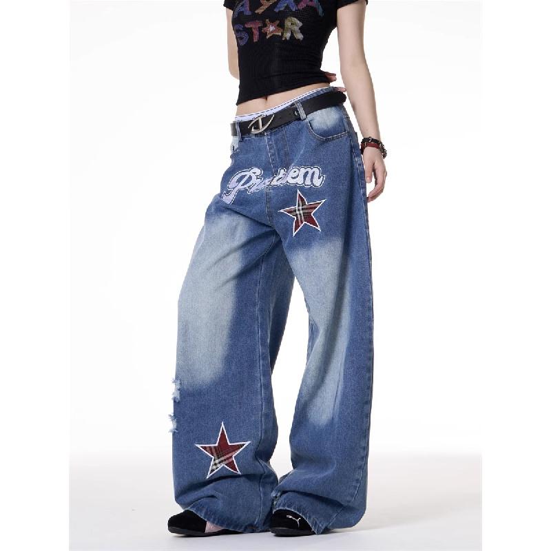 New letter and star embroidered gradient wide-leg jeans for women, loose, casual, versatile, textured, floor-length pants