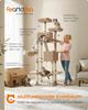 Feandrea Cat Tree, 206 cm Large Cat Tower Condo with 13 Scratching Posts, 1 Scratching Ramp, 2 Perches, 2 Caves, Basket, Hammock, Pompoms, Camel Brown