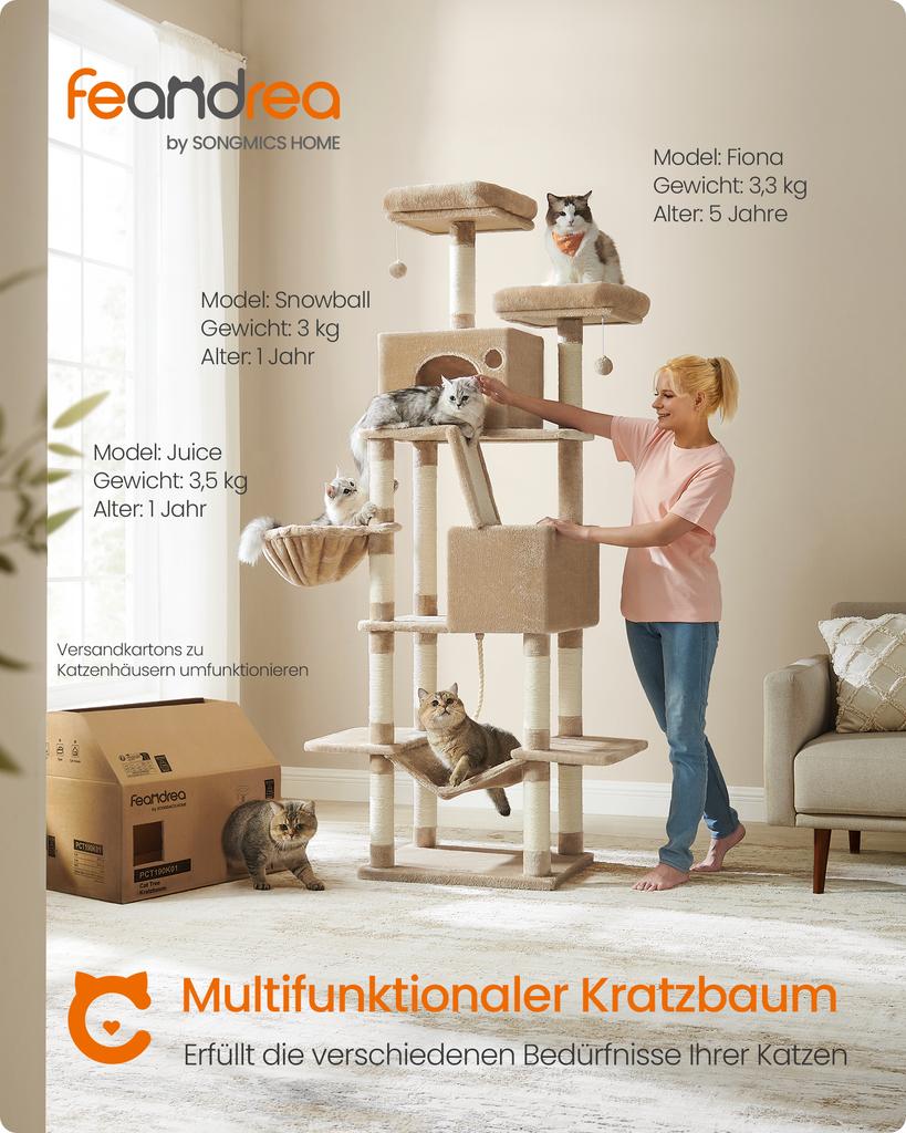 Feandrea Cat Tree, 206 cm Large Cat Tower Condo with 13 Scratching Posts, 1 Scratching Ramp, 2 Perches, 2 Caves, Basket, Hammock, Pompoms, Camel Brown