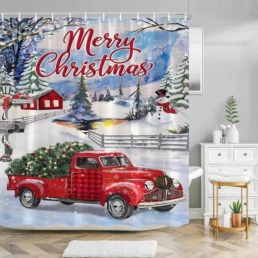Xmas Decorative Shower Curtains Fireplace Christmas Tree Winter New Year Gift Bathroom Decor Fabric Bath Curtian Hanging