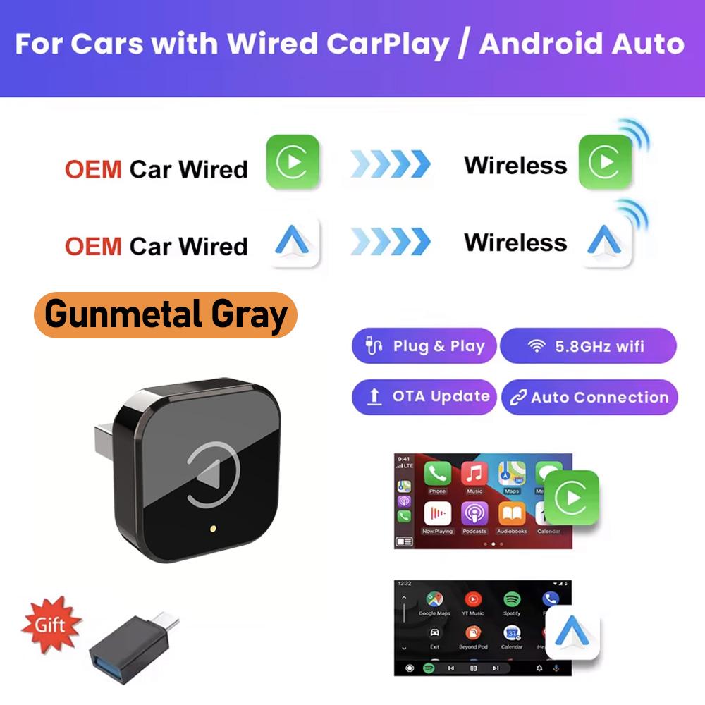 New 2 in 1 Wireless CarPlay Adapter&Android Auto Wireless Adapter, 5Ghz WiFi Type-C/USB Plug and Play For VW Toyota Nissan Honda