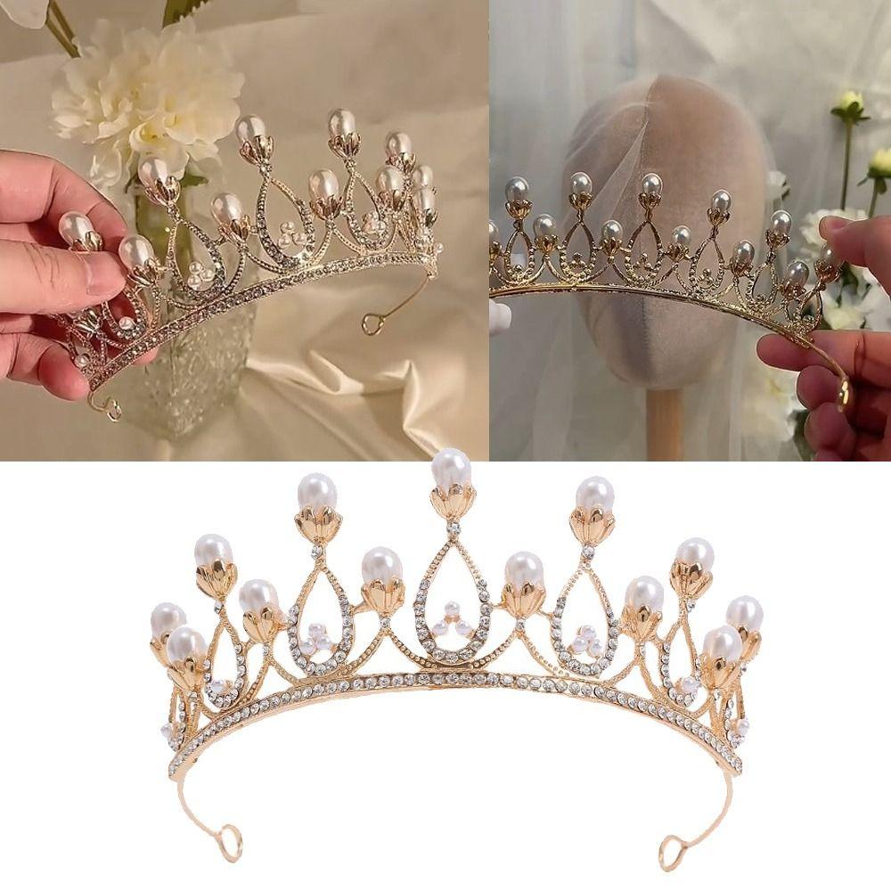 

Vintage Prom Party Decoration Pearl Hair Headband Queen Crown Rhinestone Tiara Princess Crown