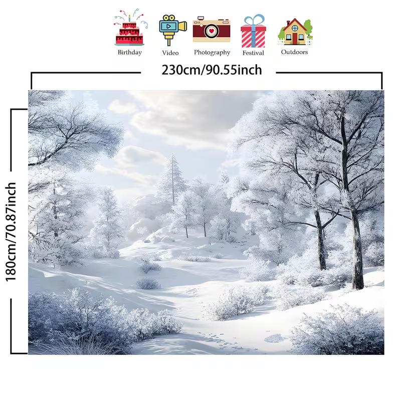 2D Christmas Winter Tapestry, Frosty Snow Forest Background Cloth