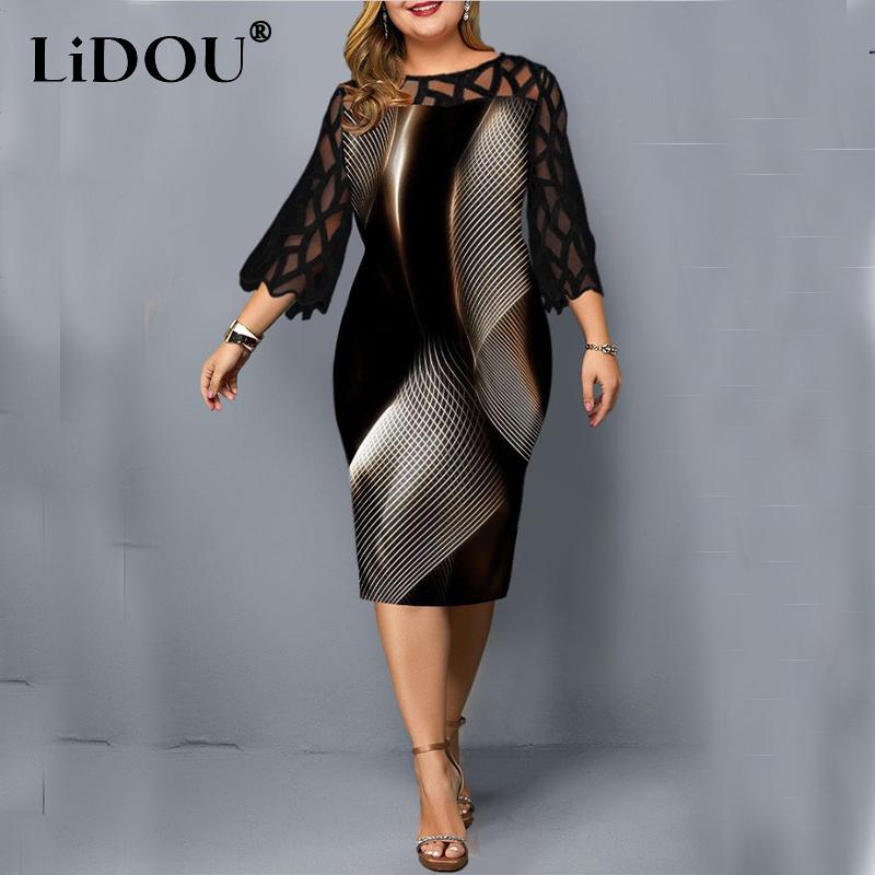Moda Autunno Inverno Design Sexy Taglie Forti Abito Pacchetto Fianchi Donna Pizzo Stampa Hollow Out Abito Bodycon Oversize Chic Vestidos
