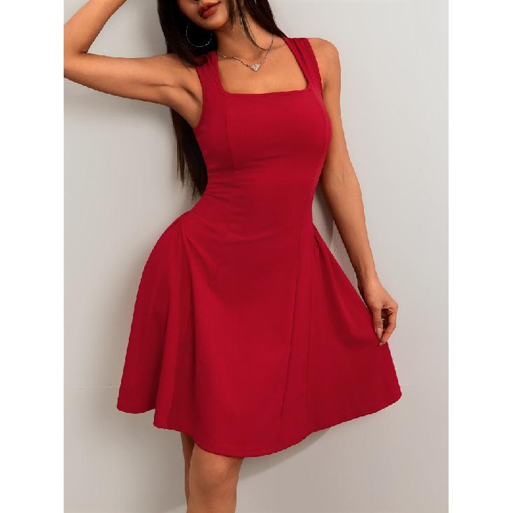 Fashion Solid Color Party Square Neck Backless Mini Slip Dresses 2025 New Elegant High Waist Club Pleated Short Dress