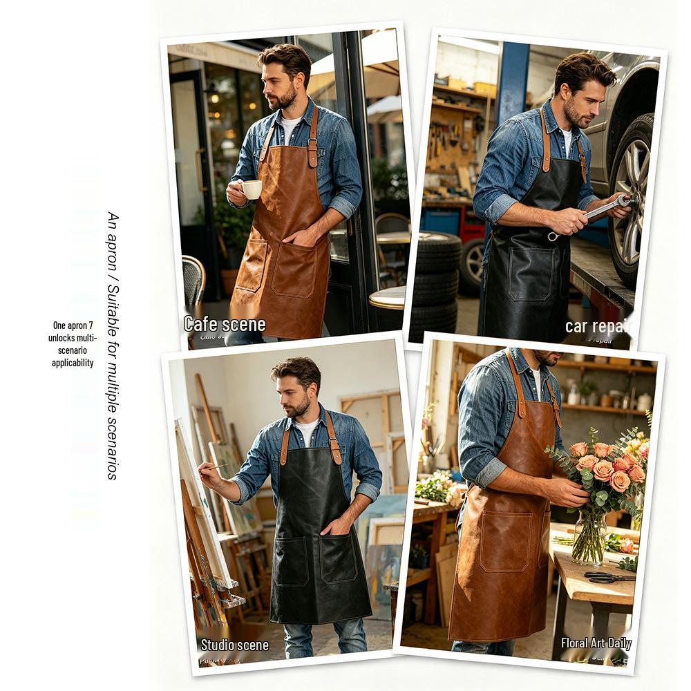 Waterproof PU Leather Apron - Oil-proof Workwear for Coffee Shops, Baking, Catering, BBQ - Unisex Customizable Apron