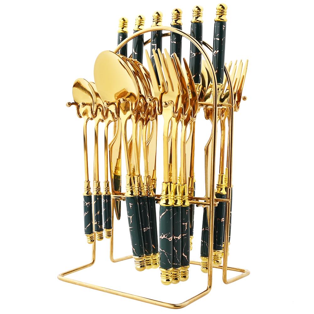 Juego de cubiertos dorados con mango de cerámica de imitación, vajilla de acero inoxidable 304, cuchillos, tenedores, cuchara con soporte para cubiertos, 24 Uds.
