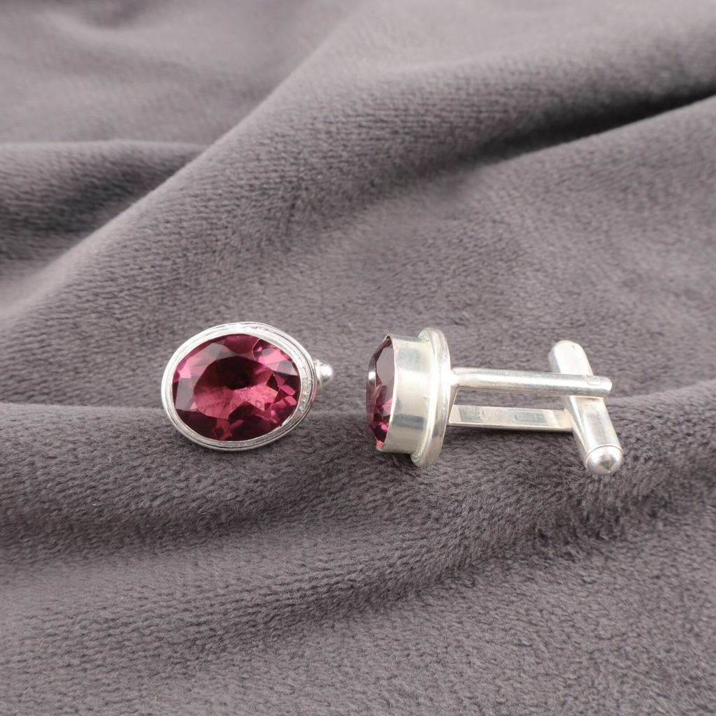 Rhodolite Gemstone 925 Sterling Silver Handmade Jewelry Cufflinks 0.59" For Gift CL-2-10