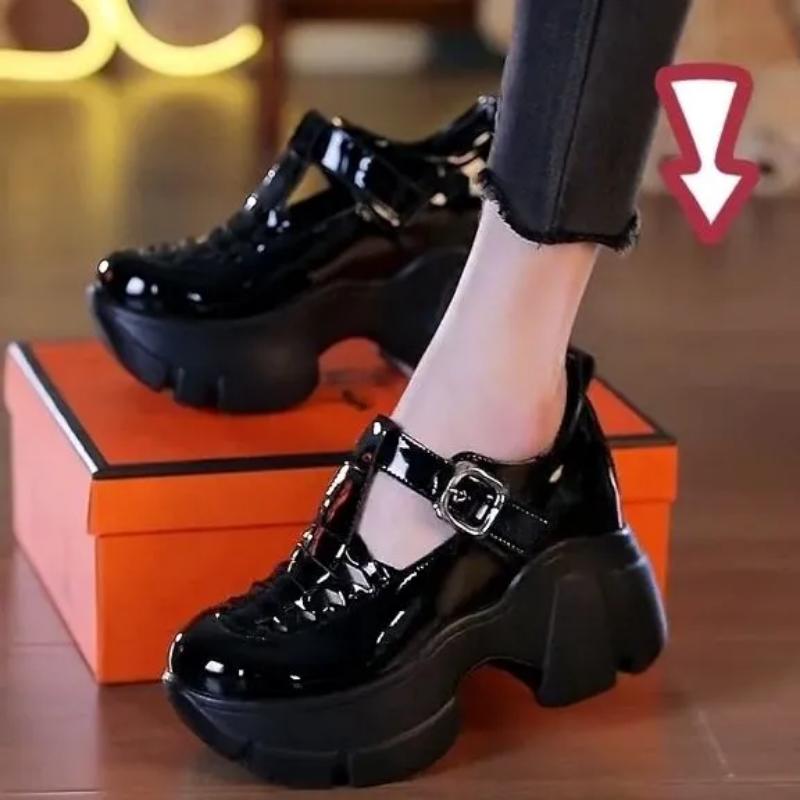 

Модные ретро туфли-лодочки из натуральной кожи на танкетке высотой 8 см, летние ботильоны высокого бренда, женские босоножки на платформе, модные туфли с пряжкой 38 чёрный