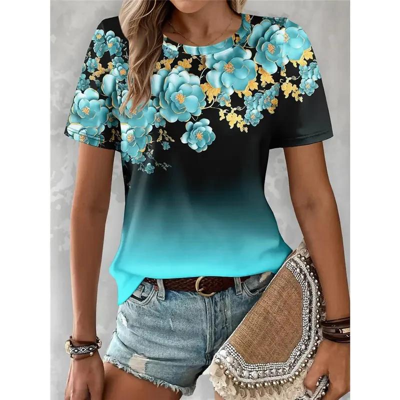 Summer Women's T-shirt Flower Casual Holiday 3D Printing Color Gradient Short Sleeved T-shirt Fashionable Round Neck Women's T-shirt