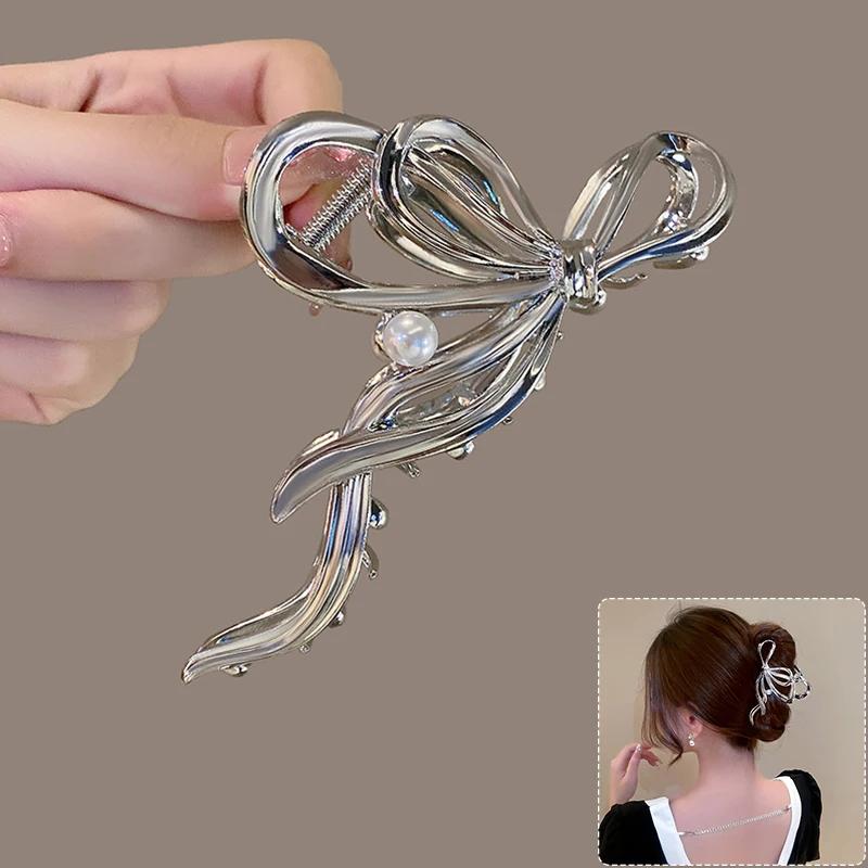 Large Bowknot Womens Hair Claw Clip for Thick Thin Hair Accessories Trendy Elegant Gold Silver Metal Streamer Crab Clamp Jewelry