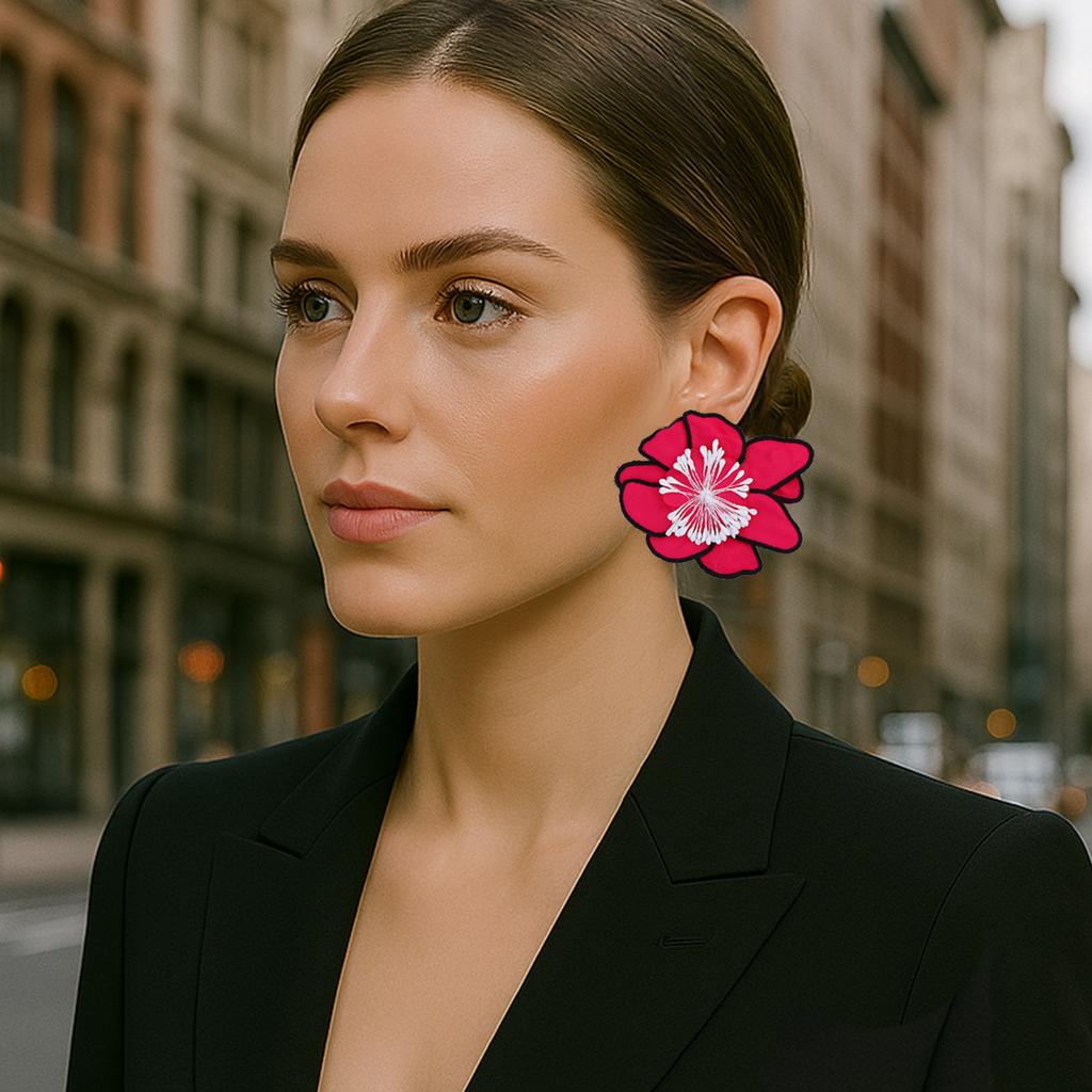 Europe, America, fresh and sweet fabric exaggerated large flower stud earrings fashion stacked temperament vacation style