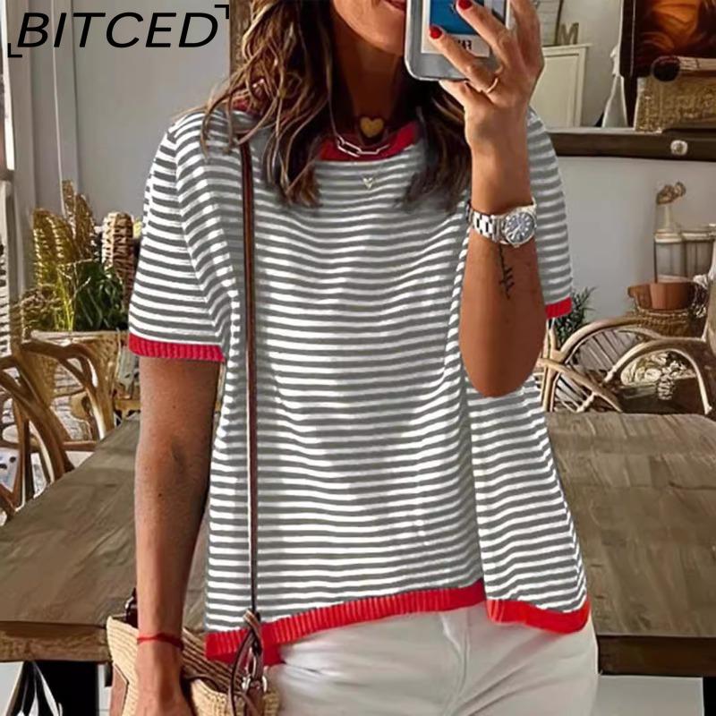 

Вязаный свитер BITCED с полосатым цветовым блокингом, топ с коротким рукавом и спущенной линией плеча XXXL