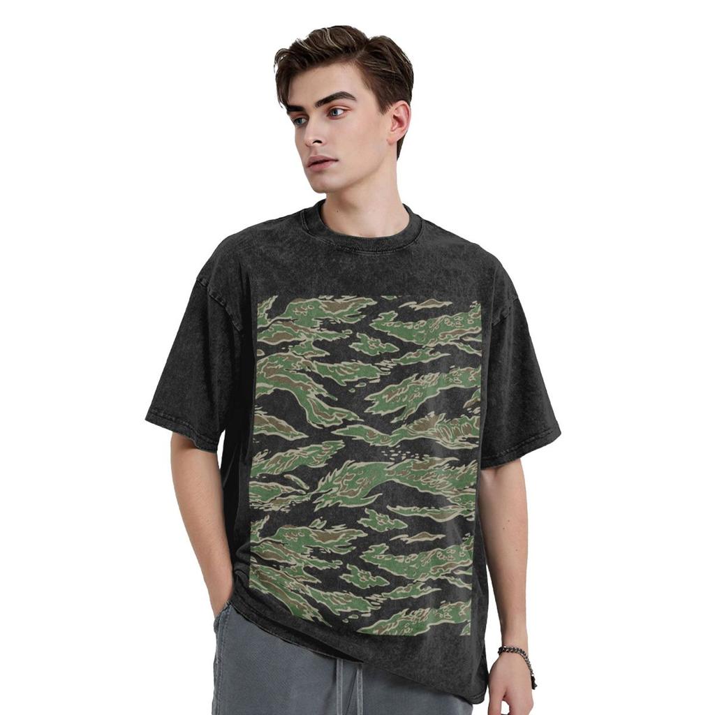 Tiger Stripe Camouflage Military Camo 3 Washed T Shirts Casual Short Sleeve Hip Hop T-Shirt Streetwear Tops Tees for Men Women