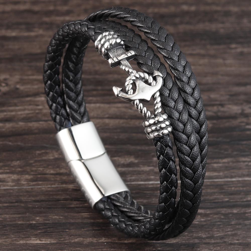 

2019Fashion Stainless Steel Anchor Bracelet Men Black Braided Cowhide Leather Rope Bracelets Wrap Punk Charm Jewelry 19cm