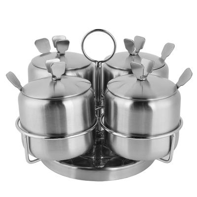 Nerezové otočné kořenky na sůl, koření, nádobky, čtyři kořenky se lžičkou, víčkem