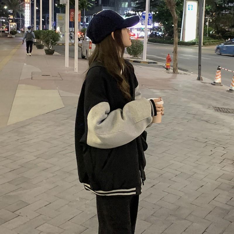 Oversized Fleece-Lined Baseball Jacket Men Women Streetwear Loose Fit Hoodless Coat In Black Khaki