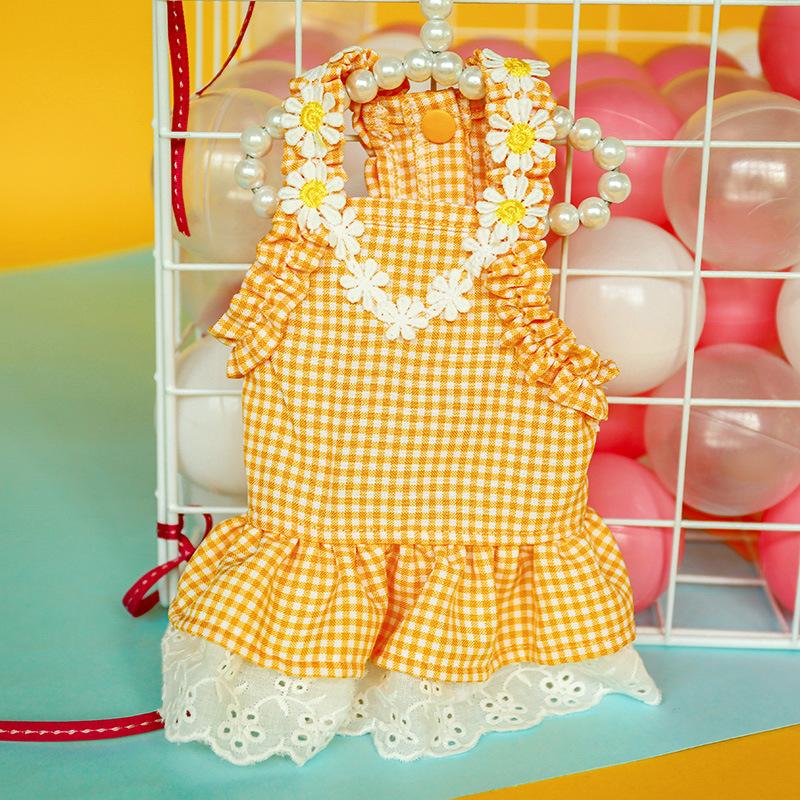 Pet Dog Cat Summer Mini Blue Plaid Sun Lace Dress Pet Clothing