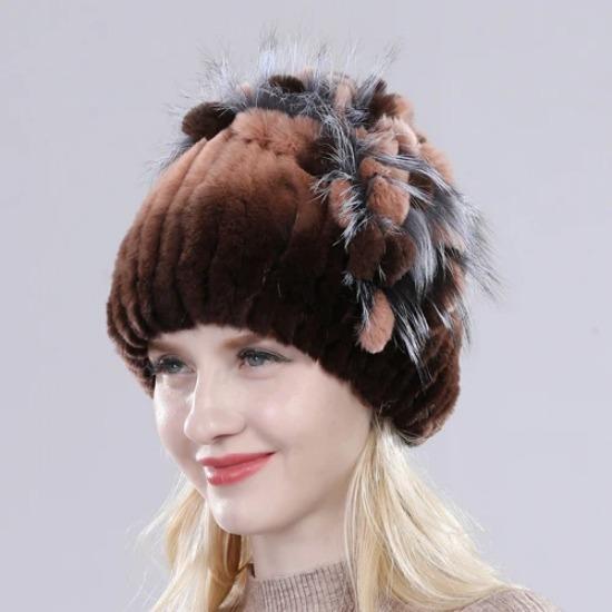 

Брендовые женские шапки из натурального меха кролика Рекс, зимние шапки из меха кролика Рекс, полосатый топ с цветочным мехом лисы, теплые вязаные шапки из натурального меха