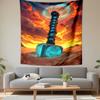 Thor Mjolnir Hammer with Glowing Blue Runes Wall Tapestry Viking Artifact in Desert Under Fiery Sunset and Galaxy Vortex for Living Room Decor Gift