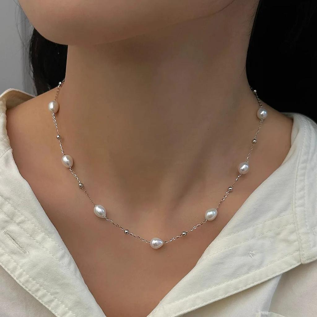 Hengsheng 5-6mm Rice Shape Freshwater Pearl Necklaces for Women Copper Alloy O Chain 36cm+5cm Adjustable Necklaces Jewelry Gift