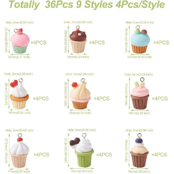 36Pcs Simulation Food Cupcake Charms 9 Styles Opaque Resin Pendant with Platinum Tone Loops for Jewelry Making DIY Craft Necklace Earring Key Chain