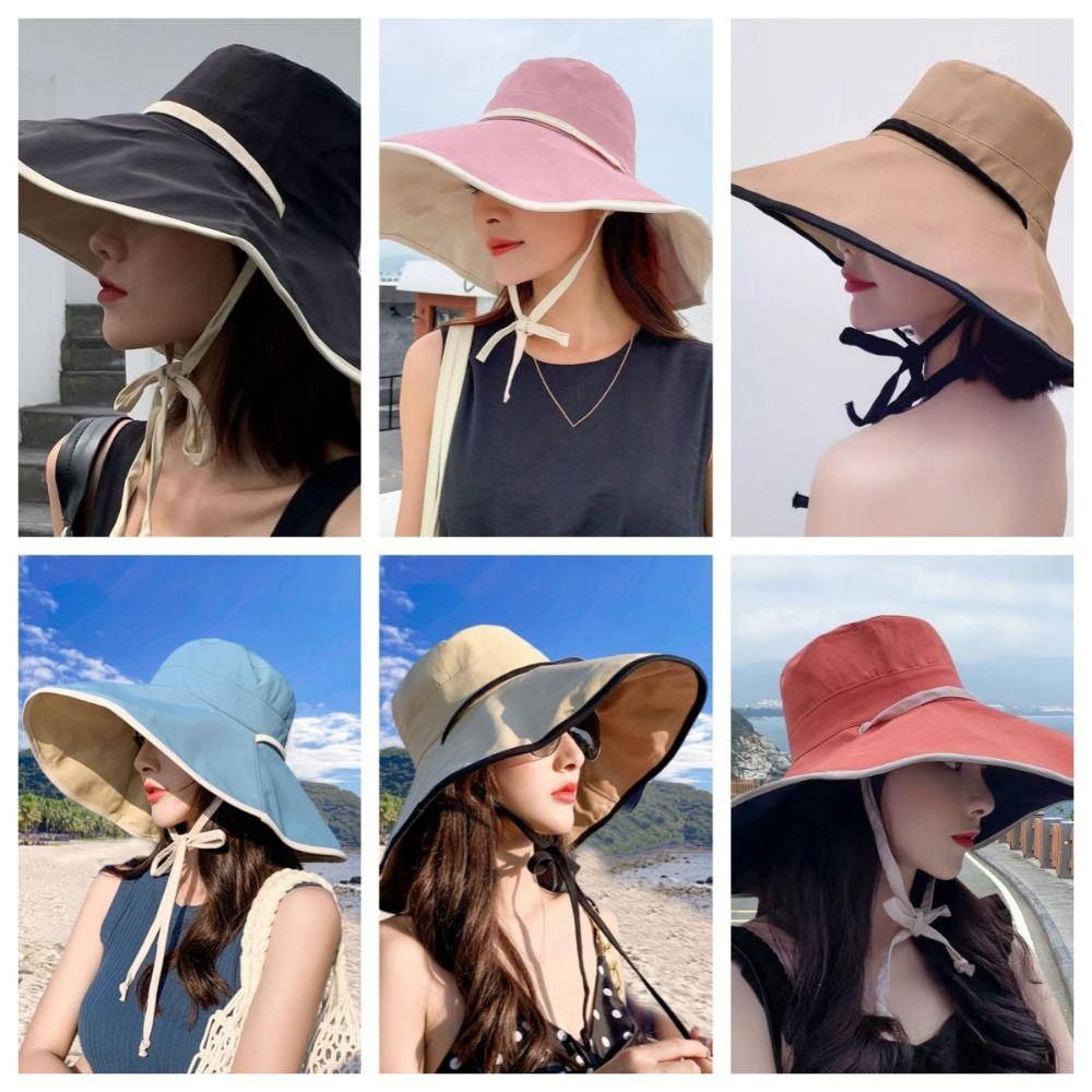 Solid Color Wide Brim Sun Hat Korean Style Anti-UV Sun Protection Hat with Neck Rope Fisherman Hat Women Bucket Hat Travel