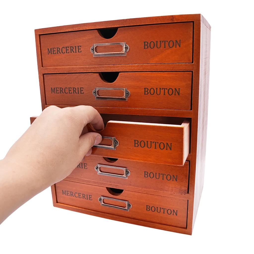 Vintage Wooden Desk Organizer with 5 Drawers, Stackable Library Card Catalog Apothecary Cabinet w/Label Slots for Home Office