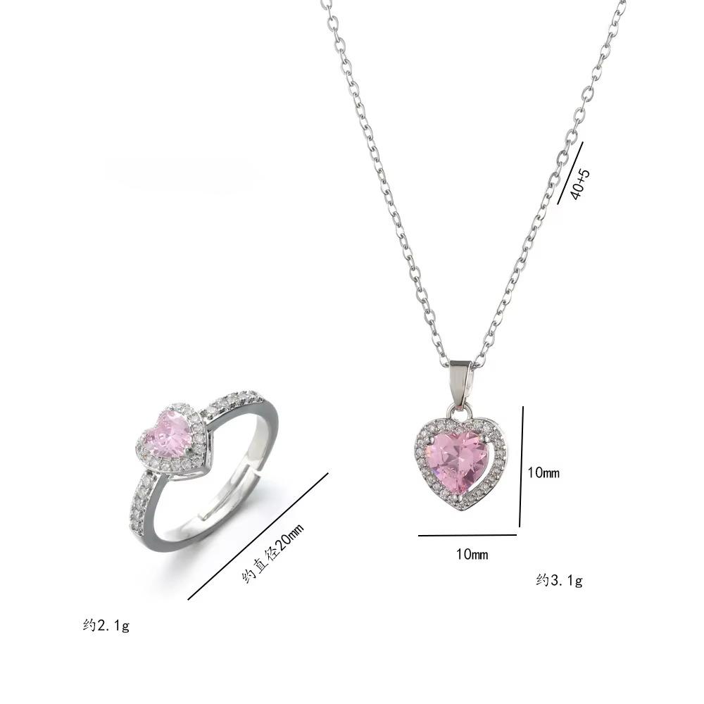 Charm Fashion Pink Heart Zircon Rings for Women Luxury Silver Color Stainless Steel Crystal Necklace Jewelry Set Gift Colorfast