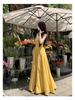 Yellow Retro French A-line Summer Dress with Square Neck and Spaghetti Straps Plus Size