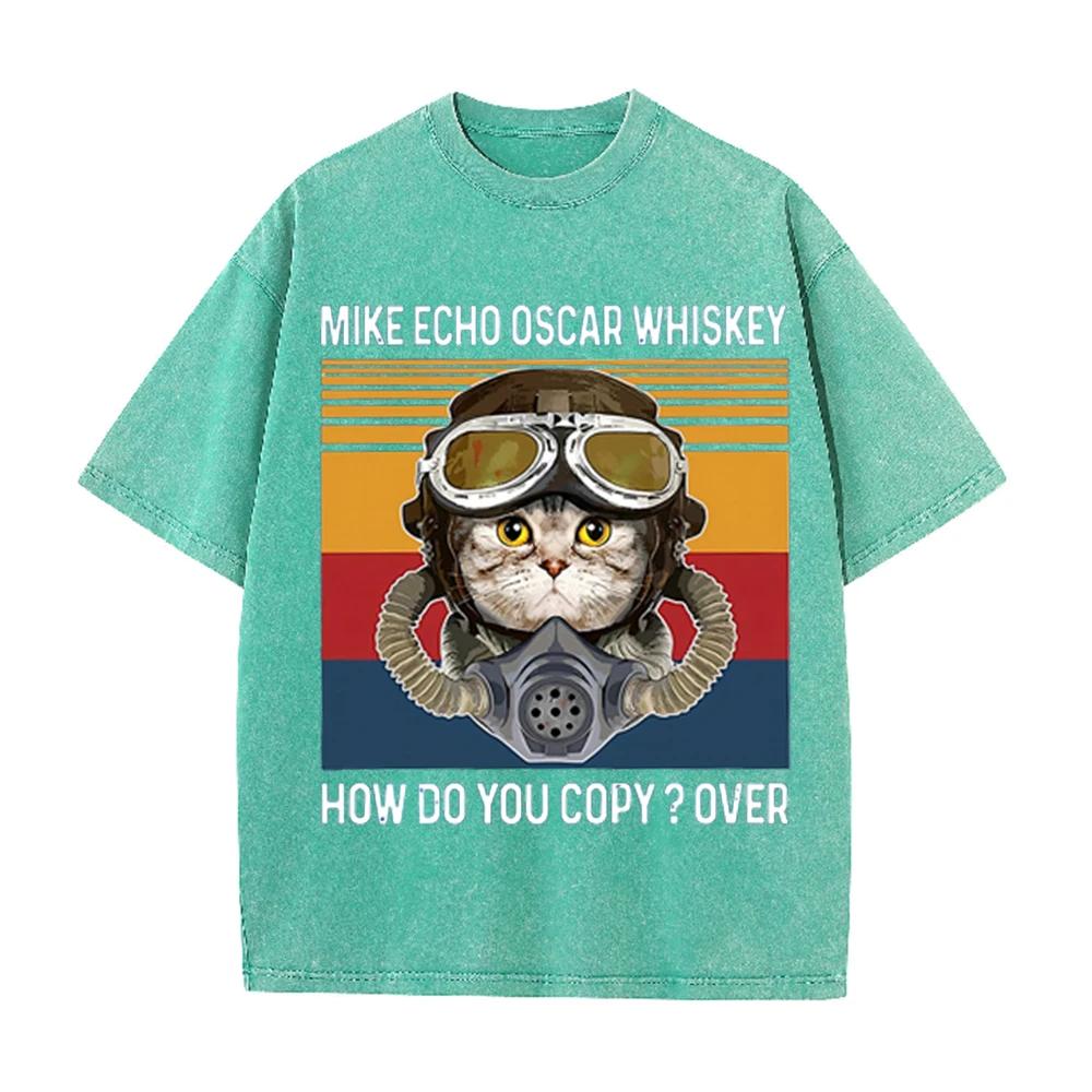 2026 Vintage Pilot Cat Mike Echo Oscar Whiskey Graphic Washed T Shirt Retro Military Style Men Women Oversized Casual Streetwear