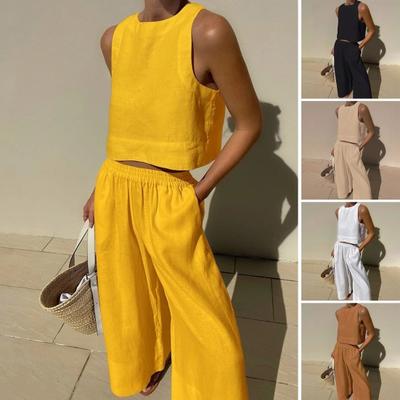 2 Teile/satz Frauen Sommer Outfit Oansatz Ärmellose Weste Elastische Hohe Taille Lange Hosen Set Einfarbig Dünne Casual Outfit