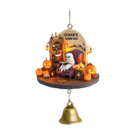 Ghost Reading Book Halloween Ornament 2D Flat Ghost In Reading Nook Hanging Decoration with Bell Window Hanging Wind Chime for Home Decor