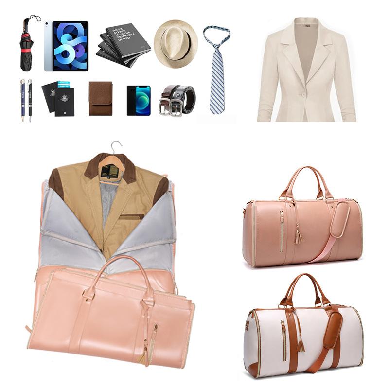 Pink PU Leather Storage Bag, Foldable Storage Clothing Luggage Bag, Women's Shoulder Bag, Diagonal Cross Bag