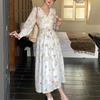 Spring Holiday Crochet Lace Embroidery Hollow Out Floral Print Party Dress Women's Long Sleeve Pearl Buttons Up Belt Clothing