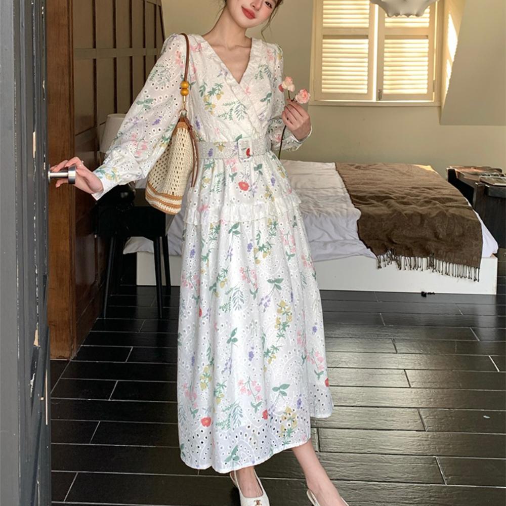 Spring Holiday Crochet Lace Embroidery Hollow Out Floral Print Party Dress Women's Long Sleeve Pearl Buttons Up Belt Clothing